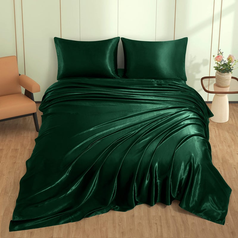 VACVELT 4pcs Emerald Green Satin Bed Set  Full Size  15 Inch Deep Pocket  Soft Satin Bedding Set  Cooling & Luxury  1 Fitted Sheet + 1 Flat Sheet + 2 Pillowcases - Image 2